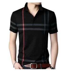 Womleys Men's Casual Striped Short Sleeve Black Collared Polo Shirts L